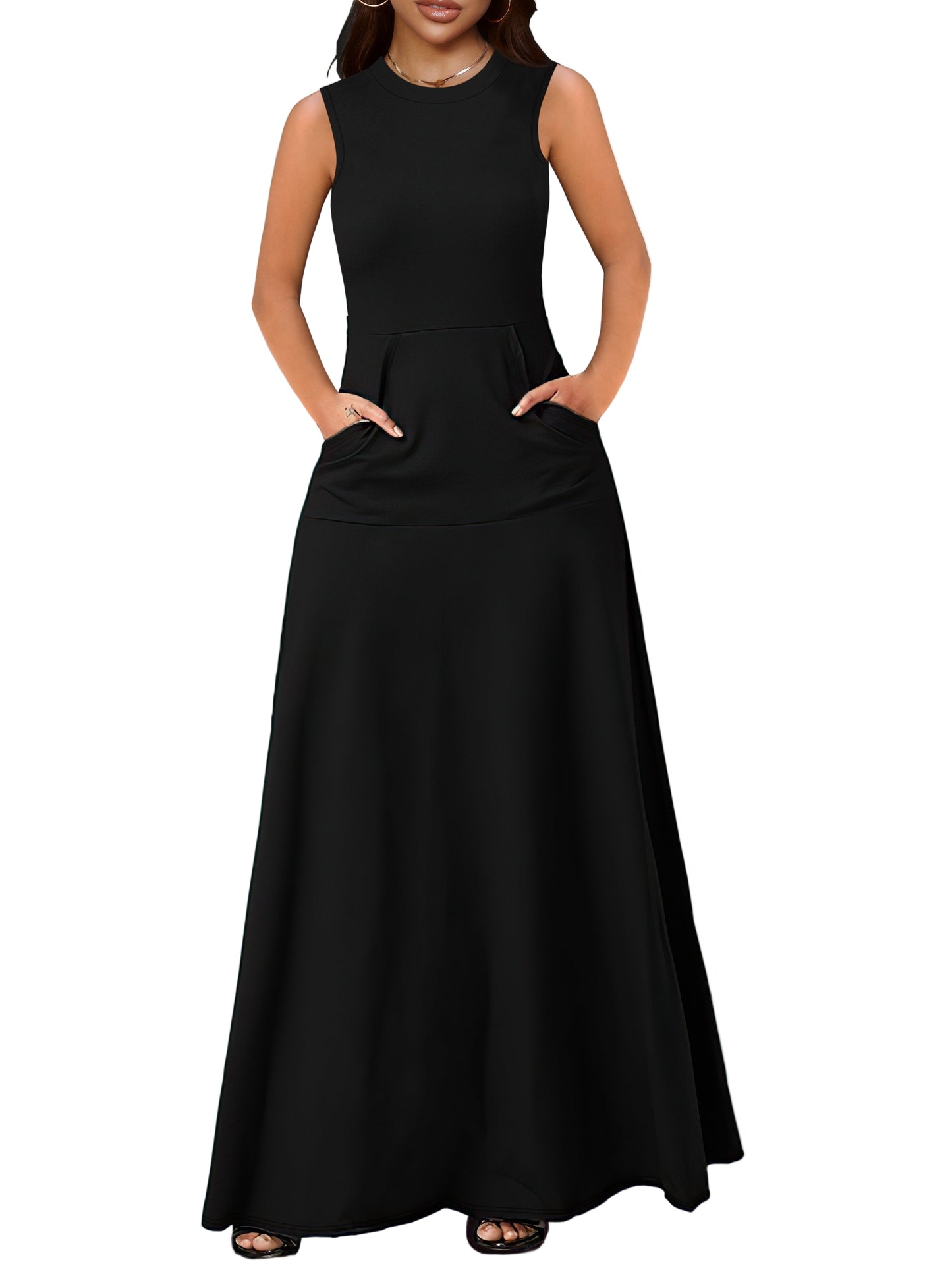 Sleeveless Maxi Dress – Crew Neck with Pockets