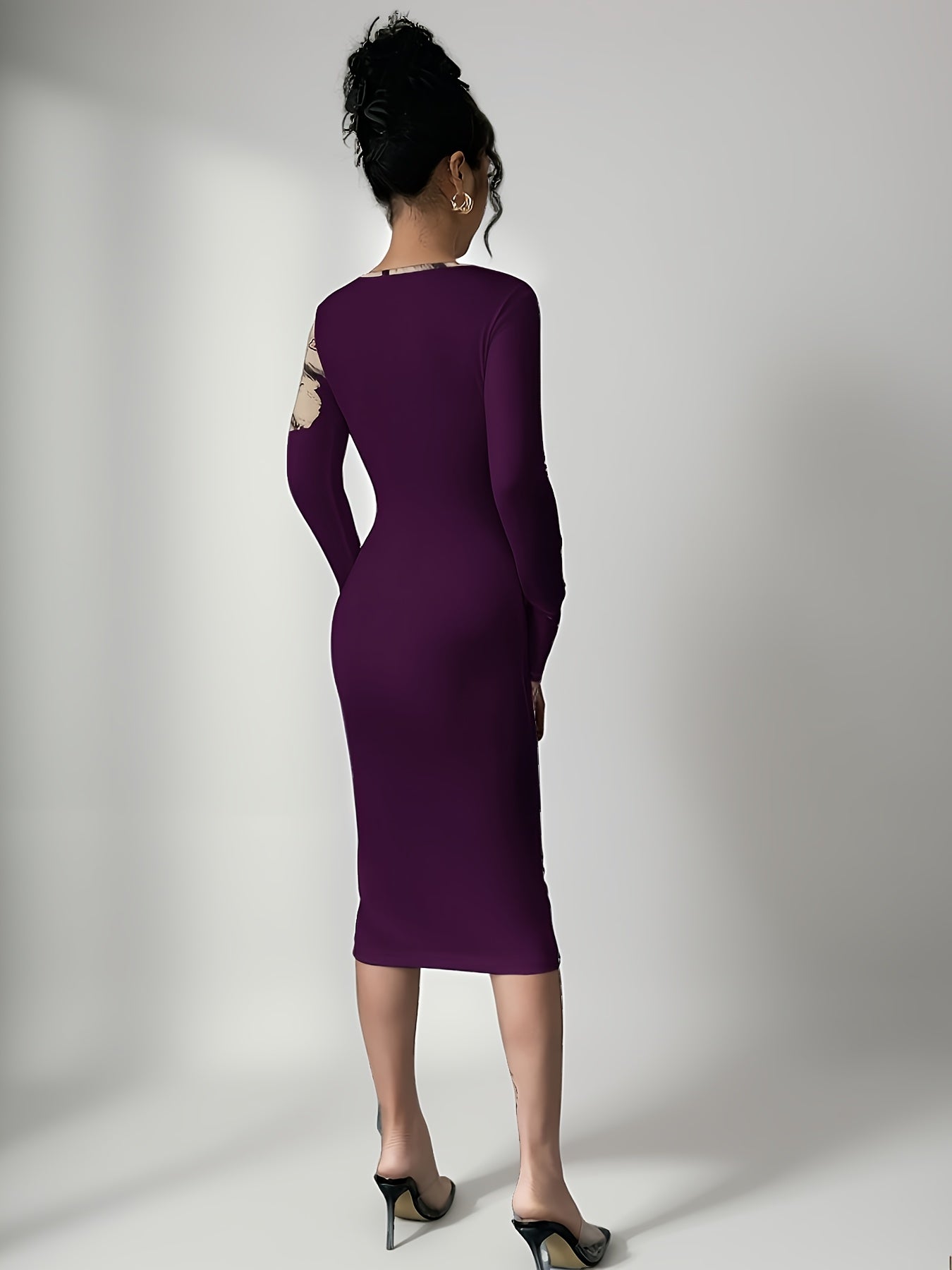 Elegant Midi Dress Long Sleeve, Crew Neck, Stretchy Polyester