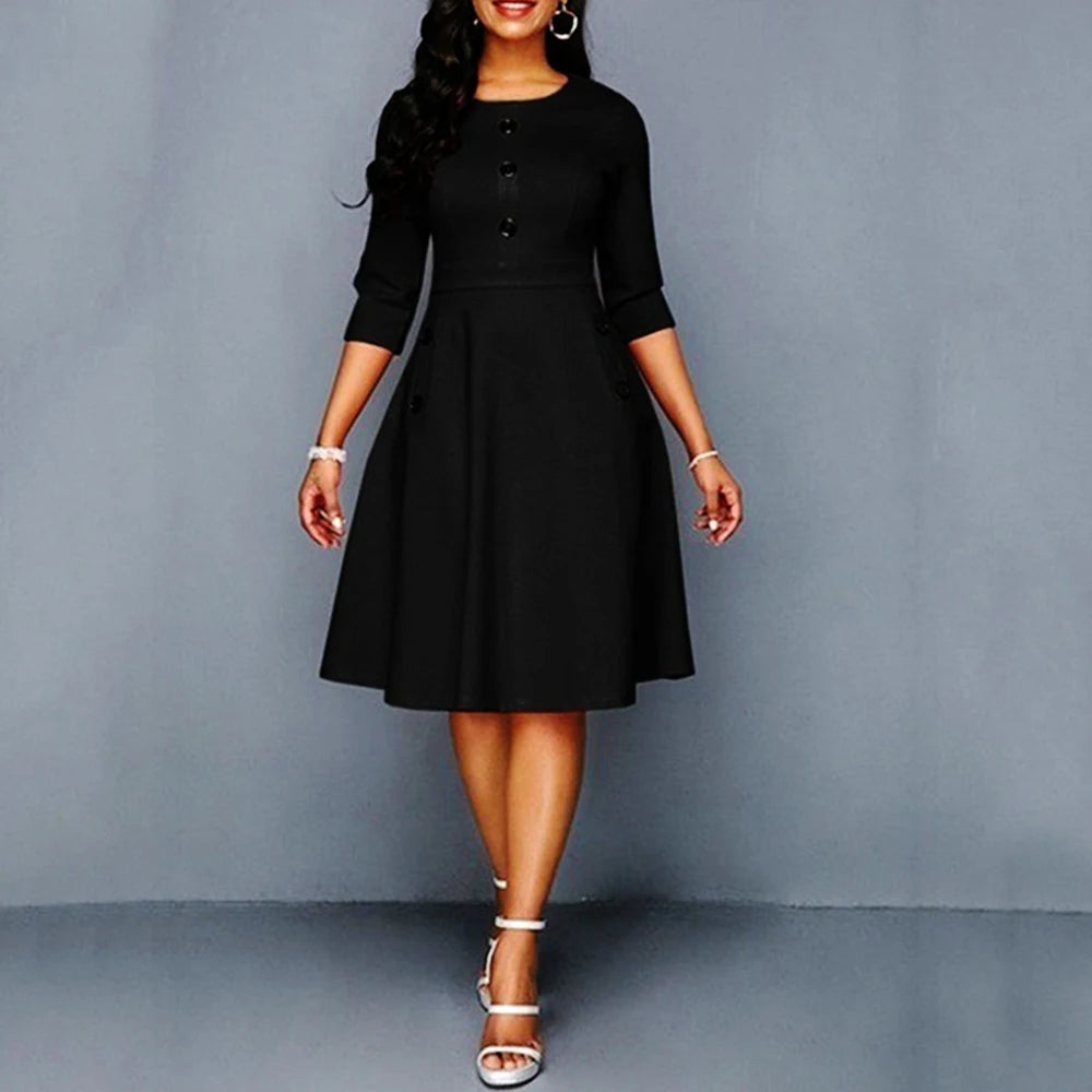 Elegant A-Line Dress –O-Neck, High Waist & Pocket Design