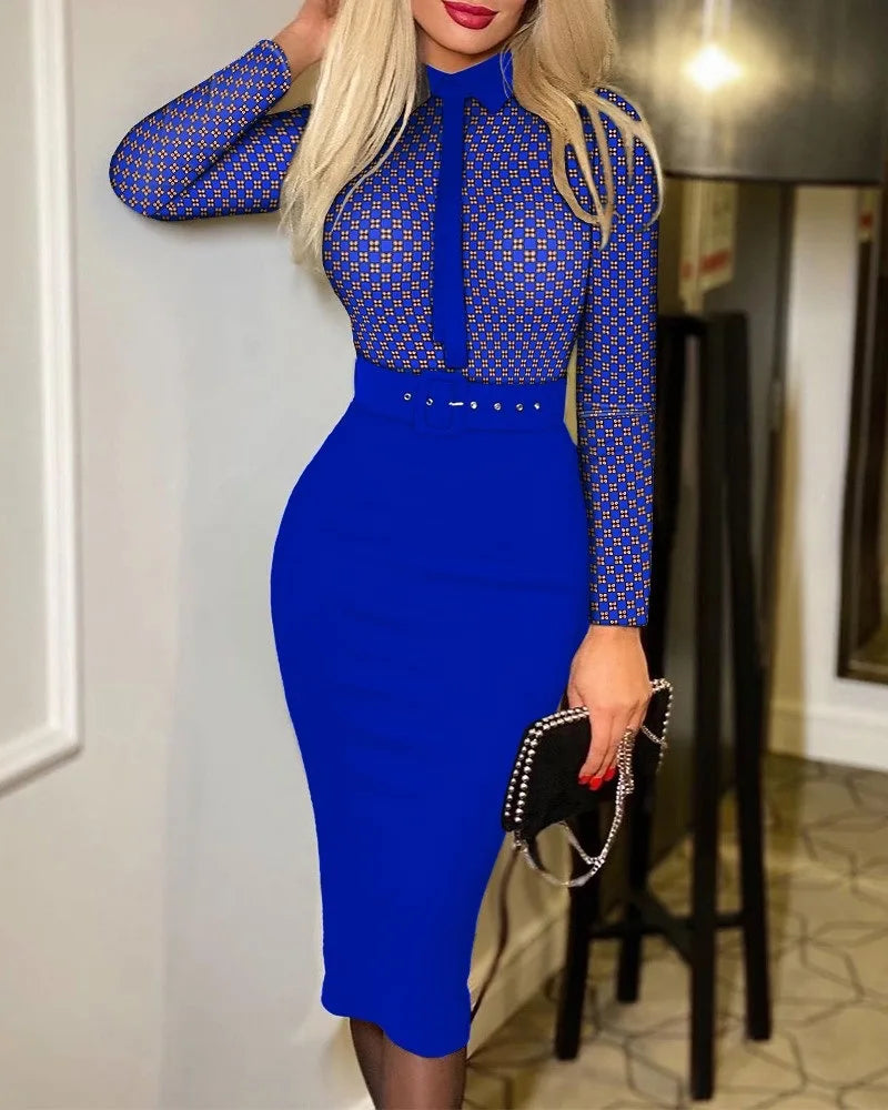 Elegant Polka Dot Dress-V-Cut, Long Sleeve  Belted High Waist