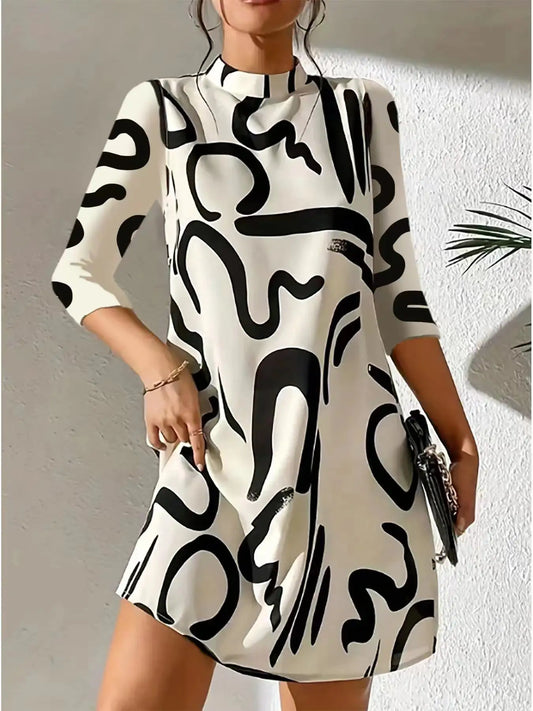 Long Sleeve Print Mini Dress Office Ladies