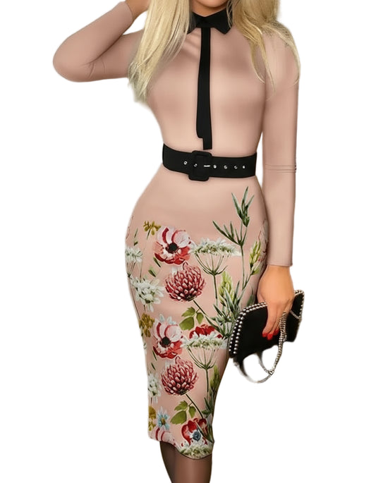 Elegant Polka Dot Dress-V-Cut, Long Sleeve  Belted High Waist