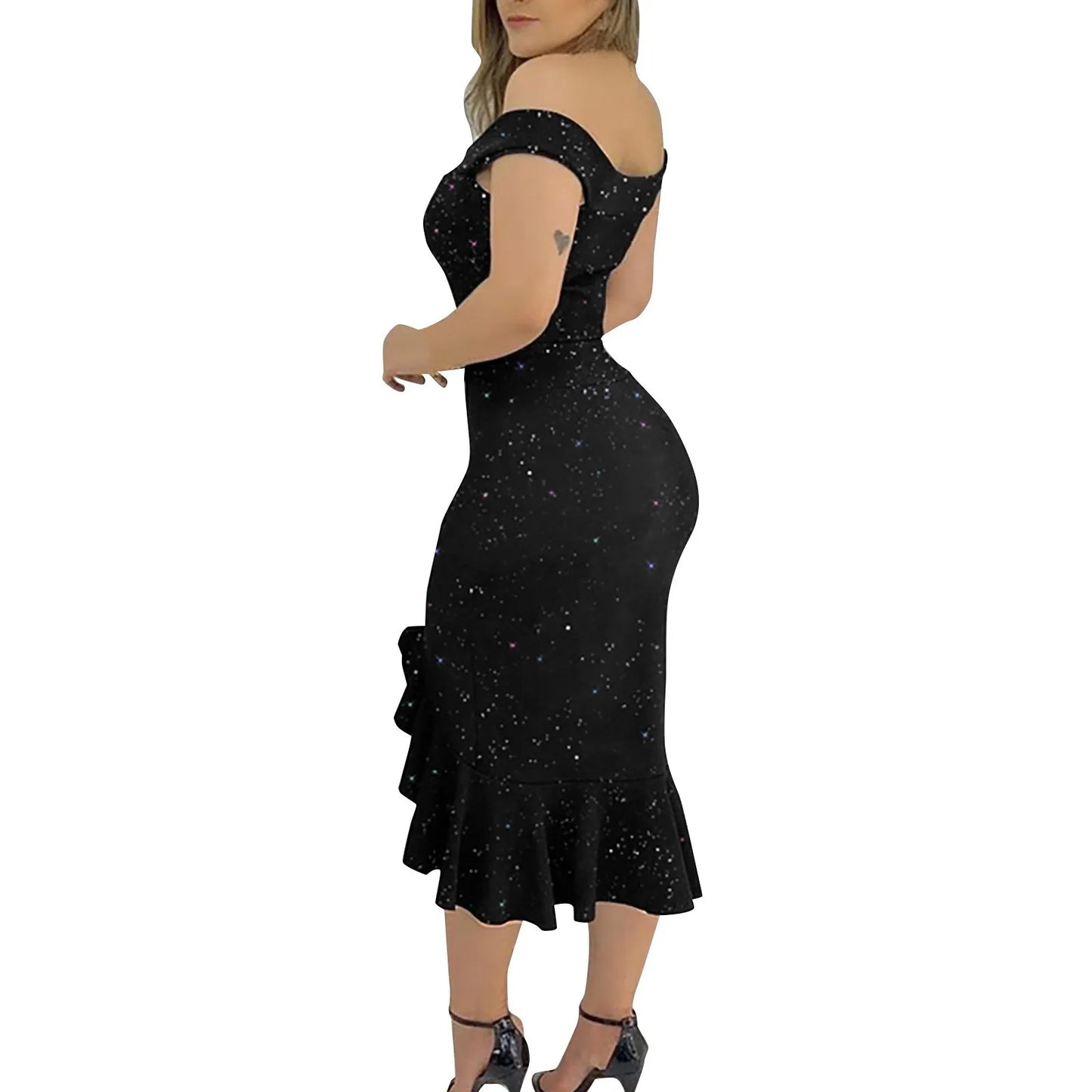 Off-Shoulder Sequin Ruffle Dress -Hem & Elegant Flair