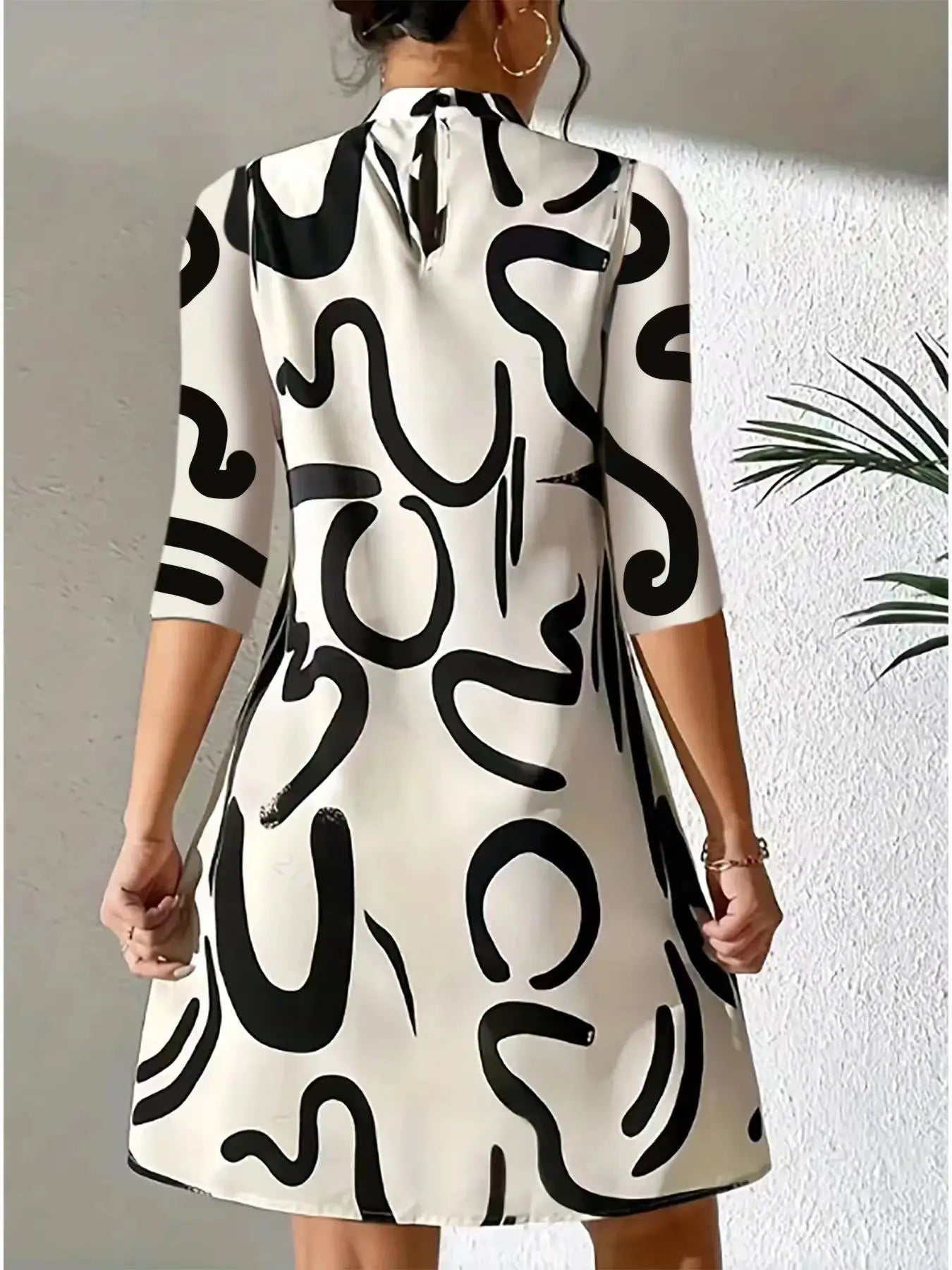 Long Sleeve Print Mini Dress Office Ladies