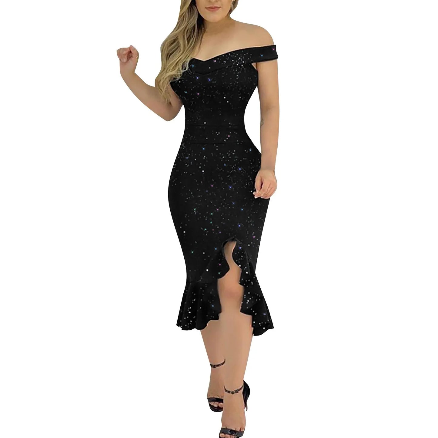 Off-Shoulder Sequin Ruffle Dress -Hem & Elegant Flair