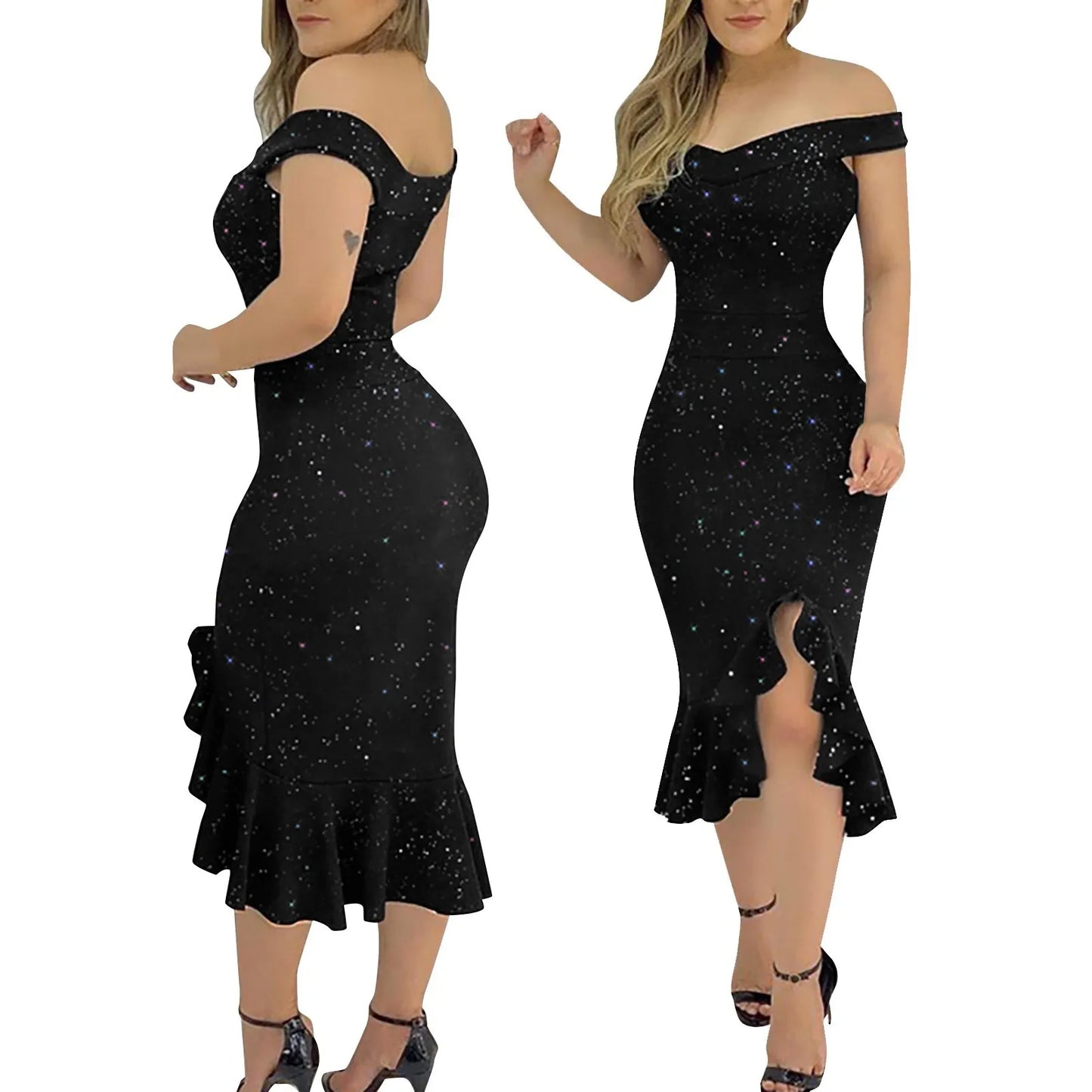 Off-Shoulder Sequin Ruffle Dress -Hem & Elegant Flair