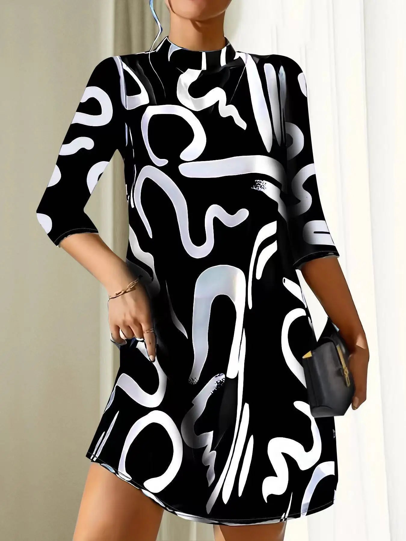 Long Sleeve Print Mini Dress Office Ladies