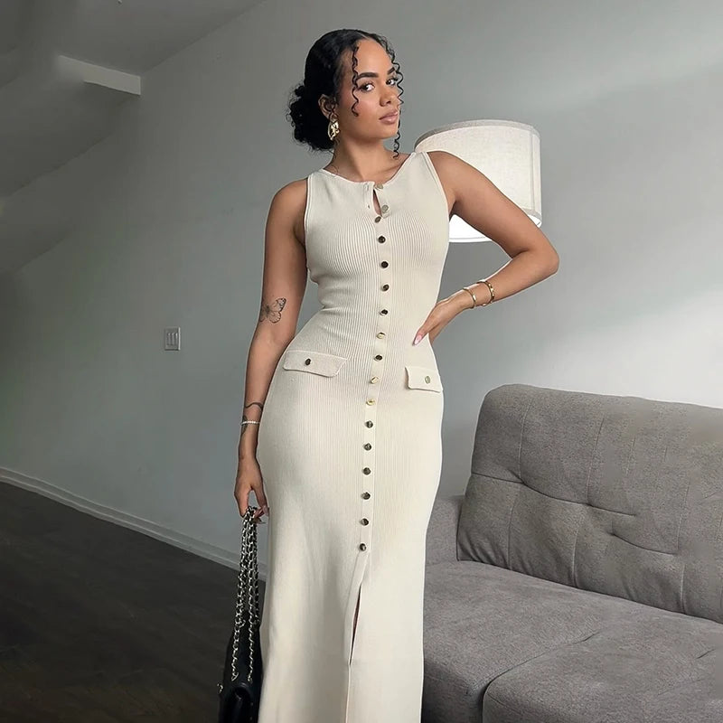 TARUXY Ribbed Knit Sleeveless Bodycon Dress – High-Waist & Modern Fit