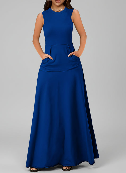 Sleeveless Maxi Dress – Crew Neck with Pockets