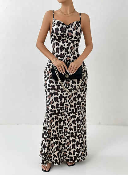 Leopard Print Maxi Dress – V-Neck, Flowy Summer Style