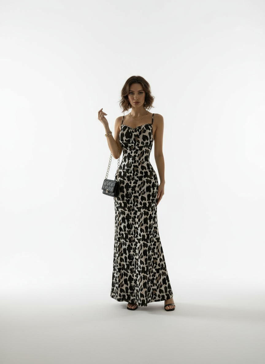 Leopard Print Maxi Dress – V-Neck, Flowy Summer Style