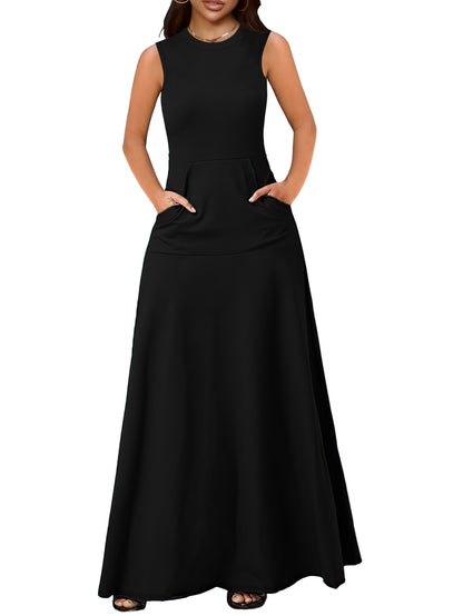 Sleeveless Maxi Dress – Crew Neck with Pockets