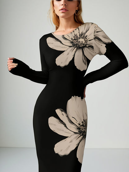 Elegant Midi Dress Long Sleeve, Crew Neck, Stretchy Polyester