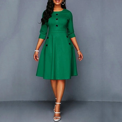 Elegant A-Line Dress –O-Neck, High Waist & Pocket Design