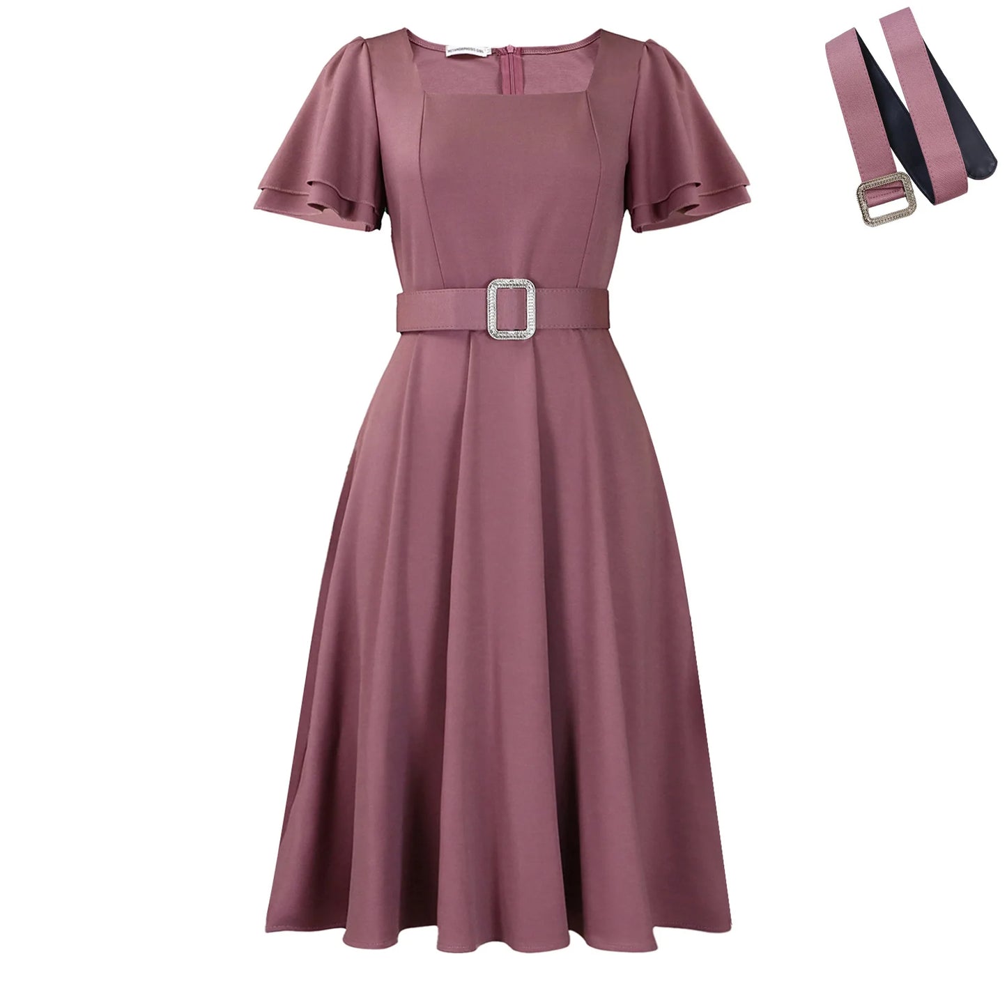 Elegant Belted Square Neck Dress – 2026 Women’s Fashion