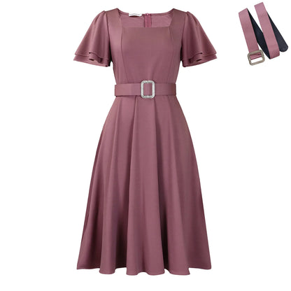 Elegant Belted Square Neck Dress – 2026 Women’s Fashion