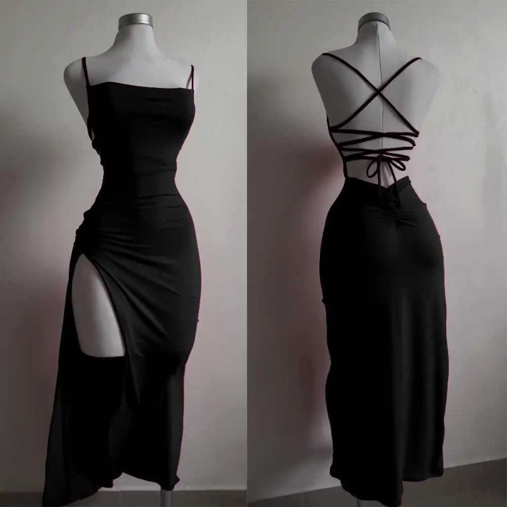 Open back, halter strap Spice Girl bag hip dress