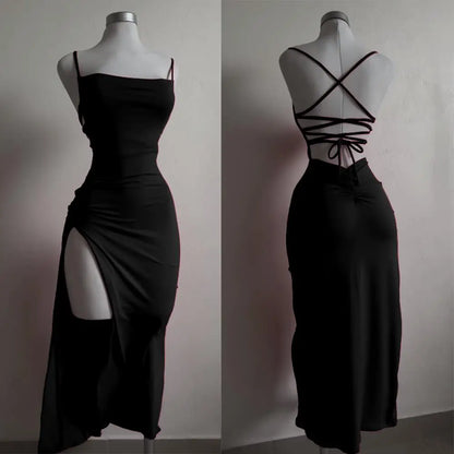 Open back, halter strap Spice Girl bag hip dress