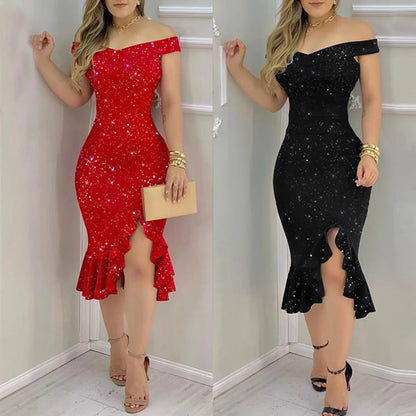Off-Shoulder Sequin Ruffle Dress -Hem & Elegant Flair