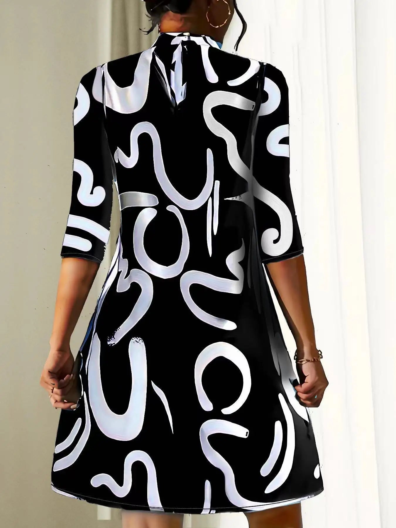 Long Sleeve Print Mini Dress Office Ladies