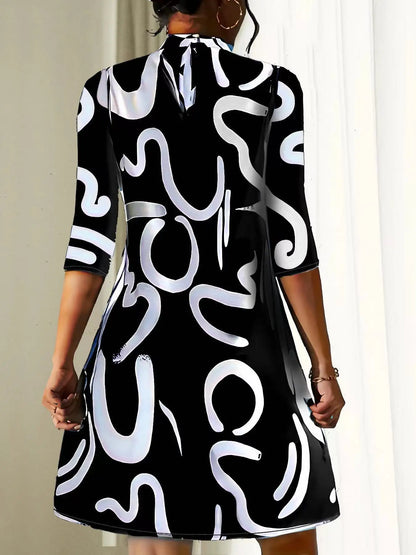 Long Sleeve Print Mini Dress Office Ladies