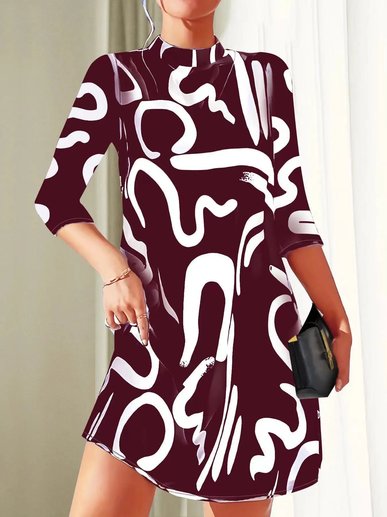 Long Sleeve Print Mini Dress Office Ladies