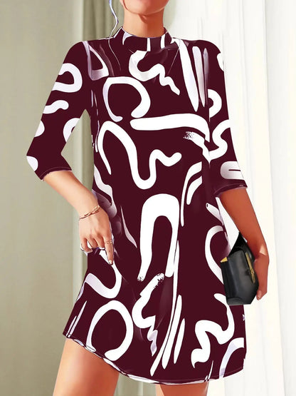 Long Sleeve Print Mini Dress Office Ladies