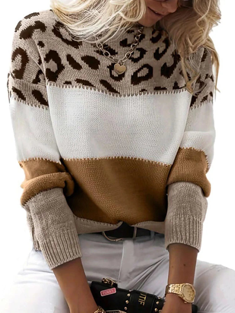 Women’s Leopard Knit Sweater – Long Sleeve