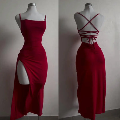 Open back, halter strap Spice Girl bag hip dress
