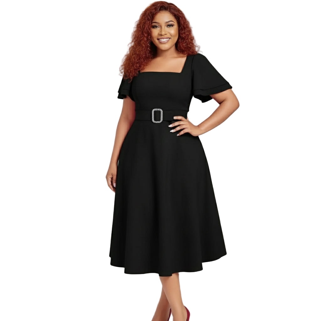 Elegant Belted Square Neck Dress – 2026 Women’s Fashion