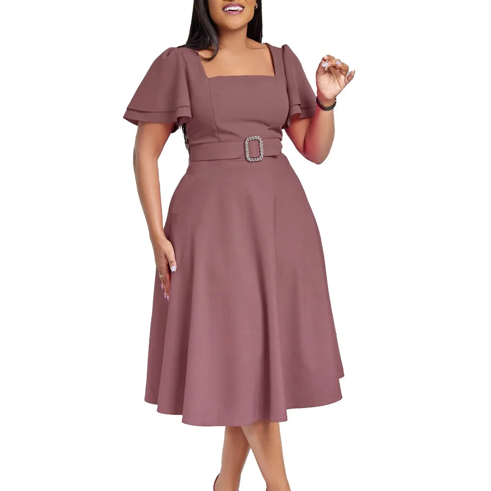 Elegant Belted Square Neck Dress – 2026 Women’s Fashion