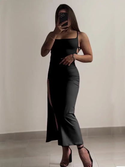 Open back, halter strap Spice Girl bag hip dress