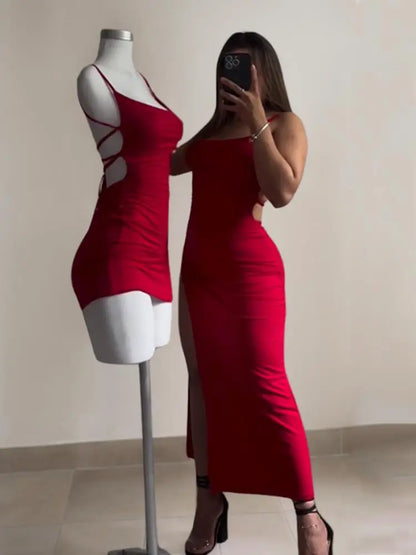 Open back, halter strap Spice Girl bag hip dress