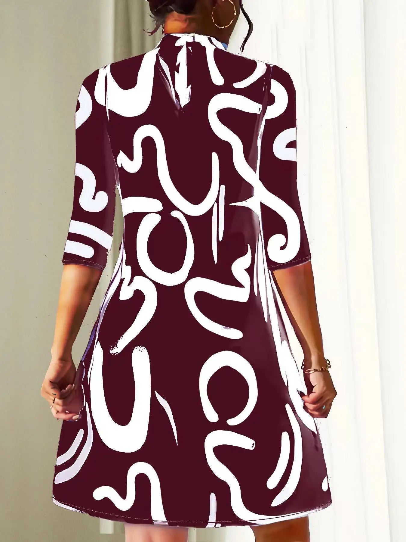 Long Sleeve Print Mini Dress Office Ladies
