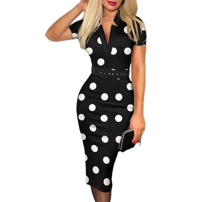 Elegant Polka Dot Dress-V-Cut, Long Sleeve  Belted High Waist