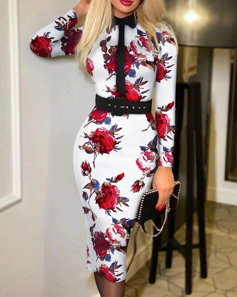 Elegant Polka Dot Dress-V-Cut, Long Sleeve  Belted High Waist