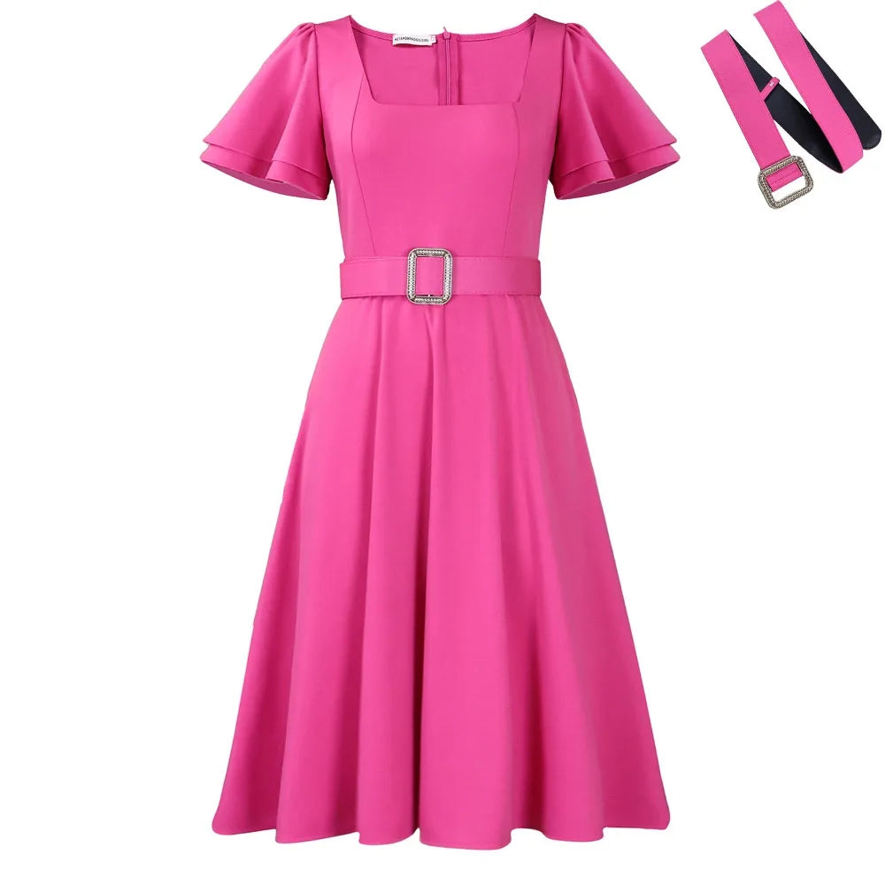 Elegant Belted Square Neck Dress – 2026 Women’s Fashion