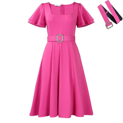 Elegant Belted Square Neck Dress – 2026 Women’s Fashion