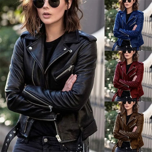 S 5XL New Autumn Spring Women Short Faux PU Jacket Slim Fashion Punk Outwear Motorcycle Leather Jacket Casual Coat