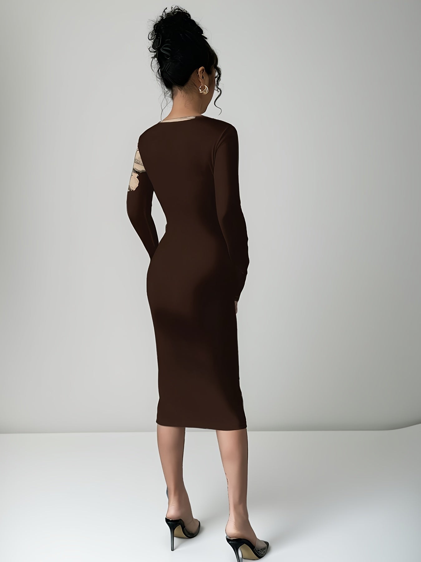 Elegant Midi Dress Long Sleeve, Crew Neck, Stretchy Polyester