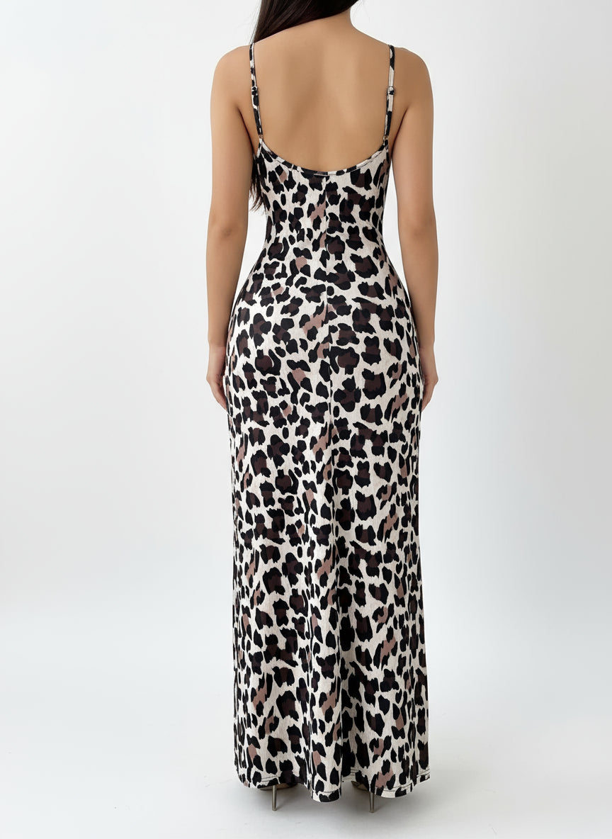 Leopard Print Maxi Dress – V-Neck, Flowy Summer Style